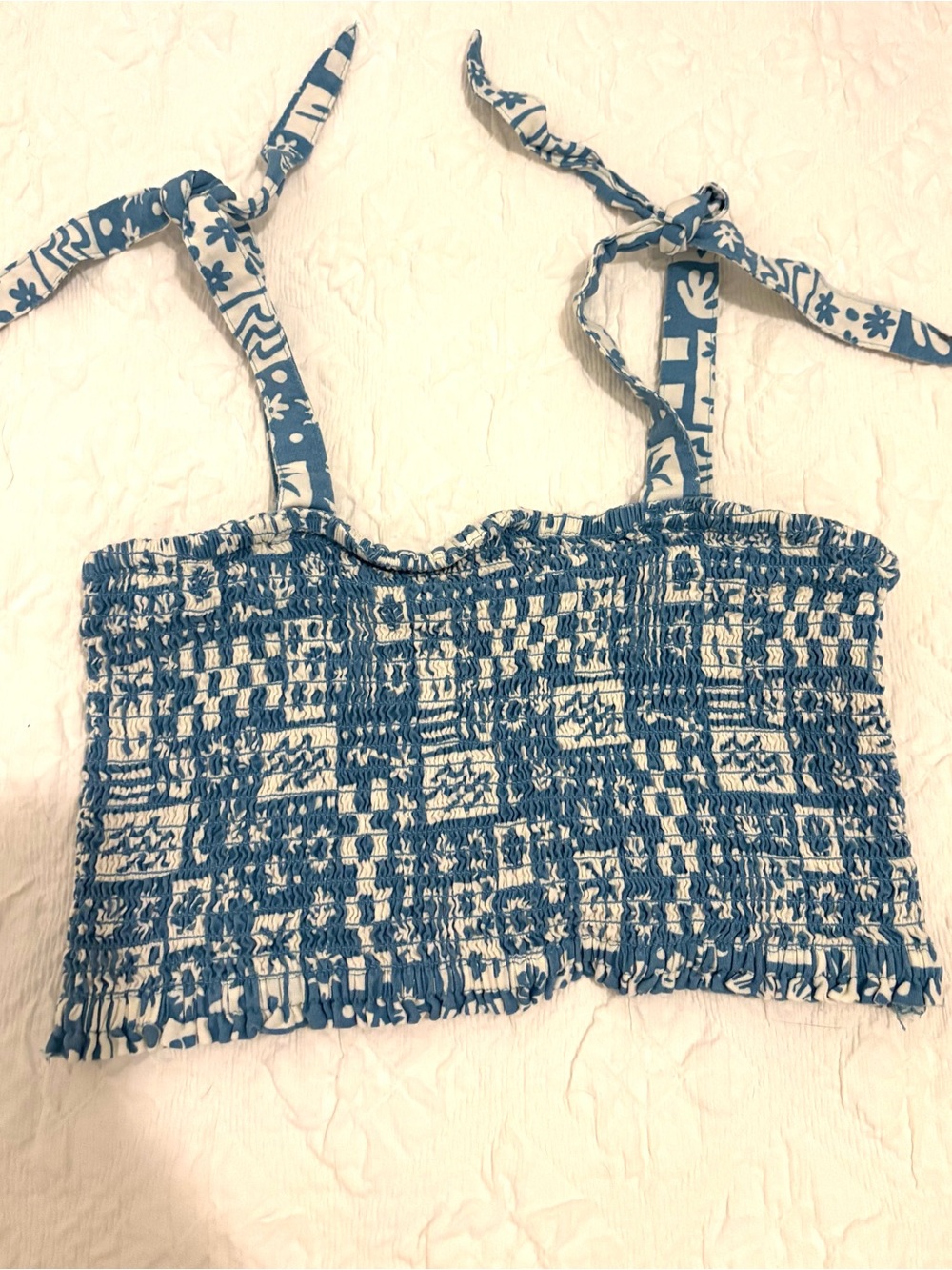 Volcom Blue and White Smocked Tie-Strap Camisole